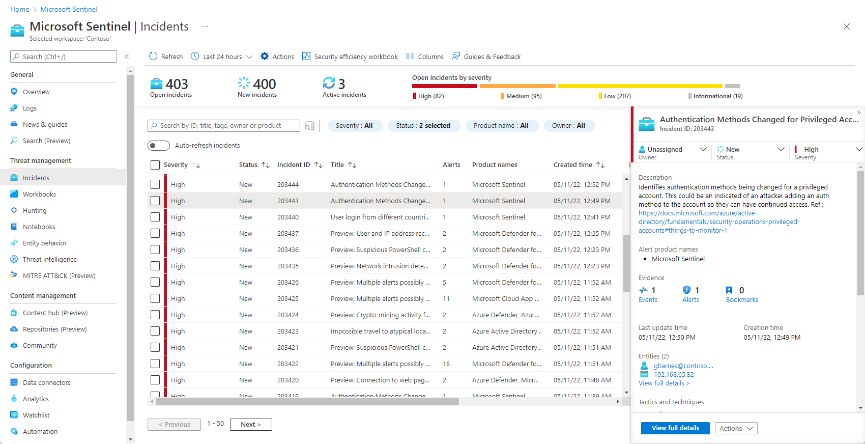 Microsoft Sentinel SIEM dashboard showing security incident investigation